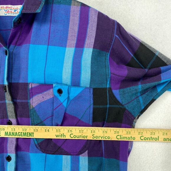 NO STRINGS ATTACHED Shirt Womens S Plaid Button Front Long Sleeve Blue Vtg 80s - Picture 10 of 12